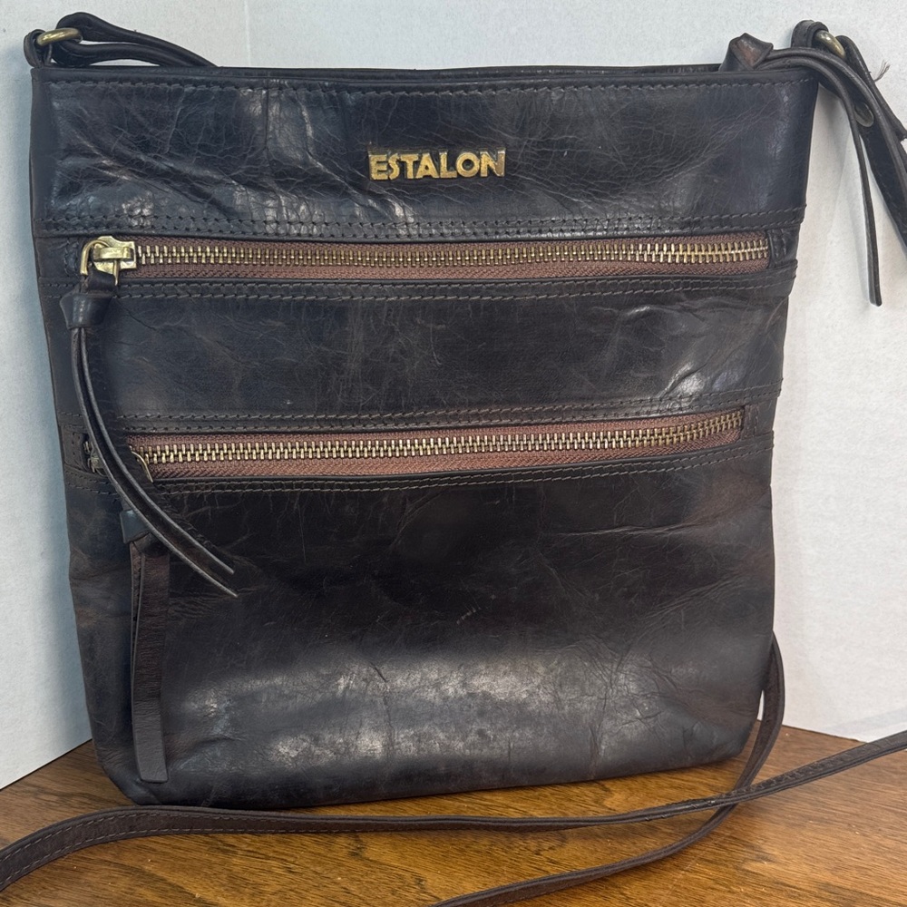 Estalon Waxed Oiled Leather Weathered Distressed Crossbody Shoulder Bag